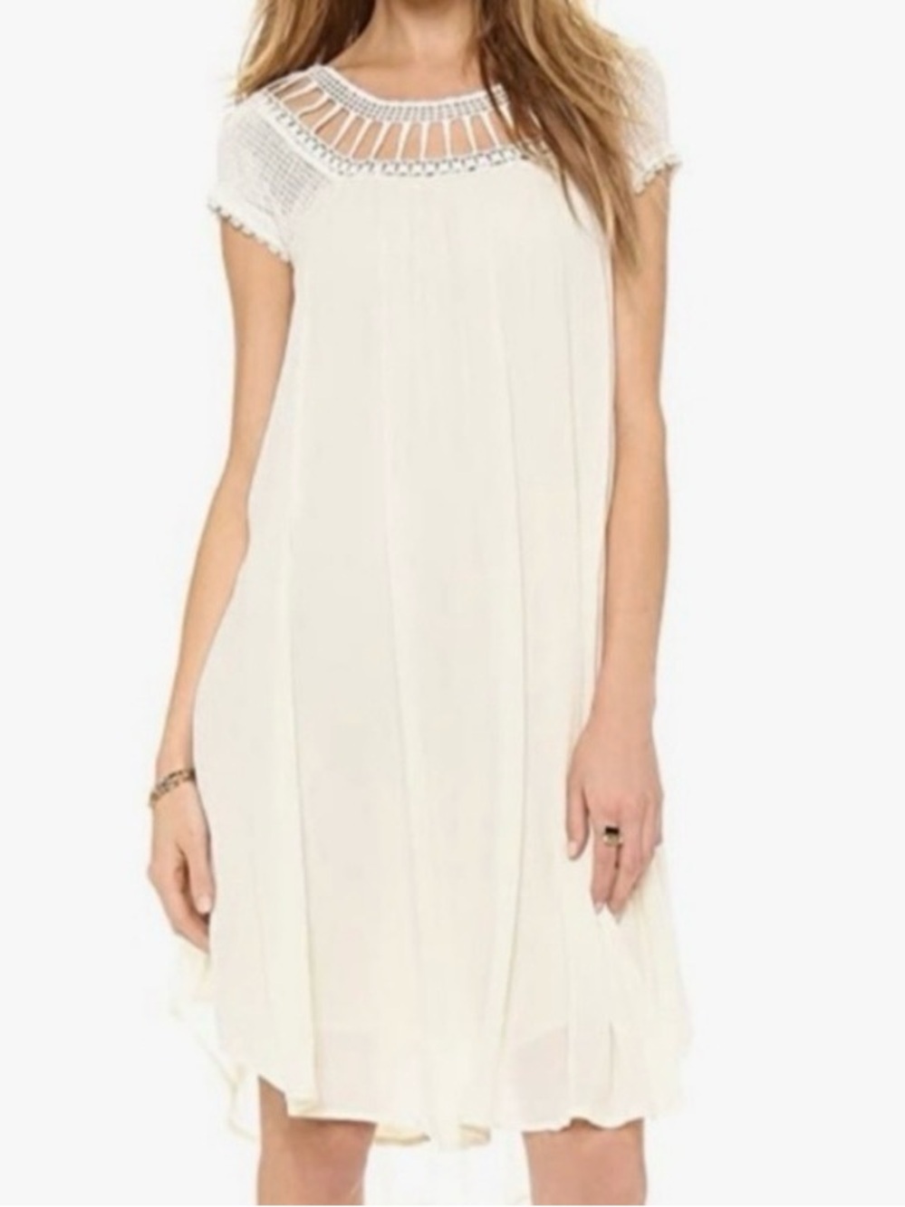 Free People Sundancer Crochet Yoke Crinkle Mini Dress Cream Boho Tunic Size S